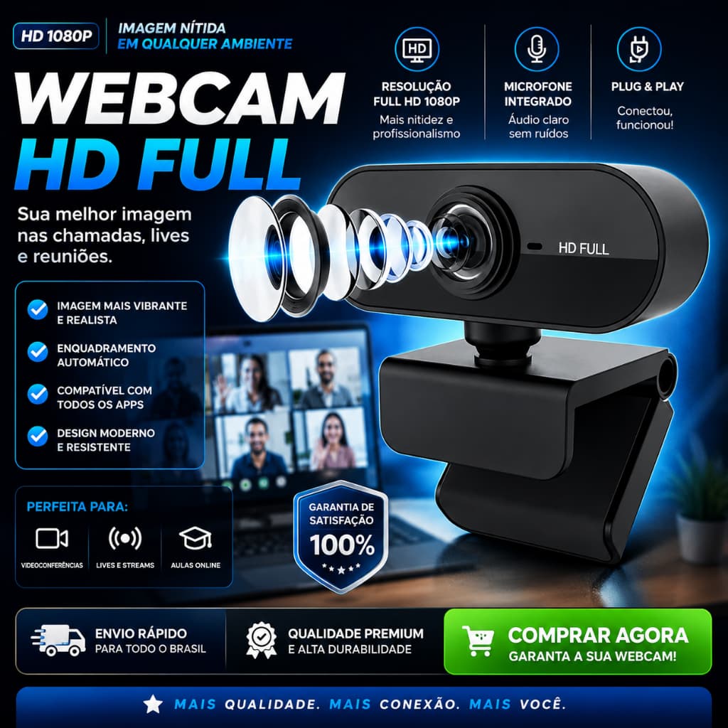 Webcam Full HD 1080P USB com Microfone Integrado | Imagem Nítida para PC Notebook Home Office Reuniões, Lives e Aulas