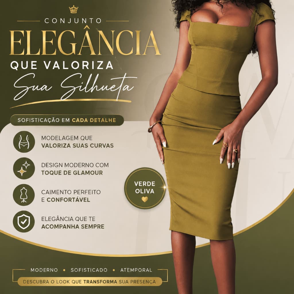 Conjunto Feminino Saia Midi e Blusa Manga Curta Verde Oliva Peplum Social Elegante Cintura Alta (P)