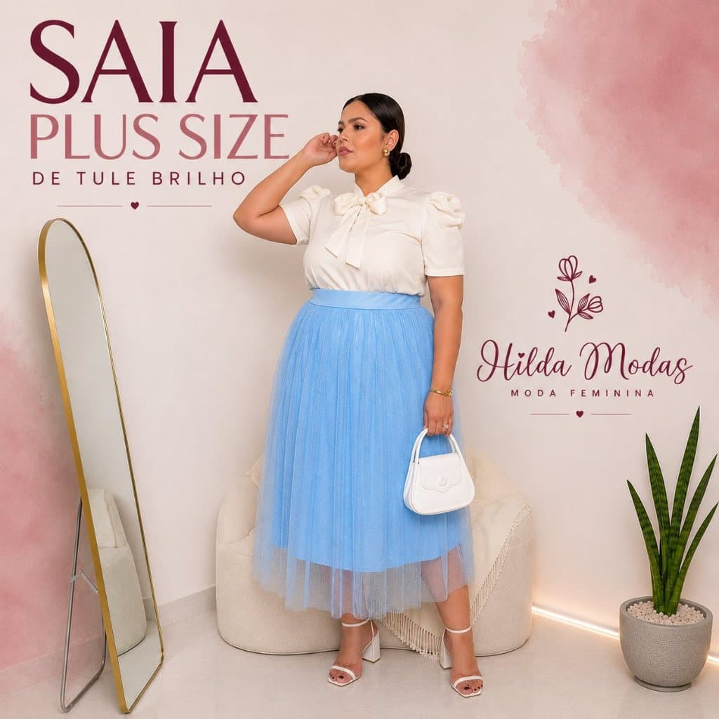 Saia PLUS SIZE G1, G2, G3, G4 Tule Cristal Midi Brilho Glitter forrada Moda evangélica Fardamento Festividade Congresso