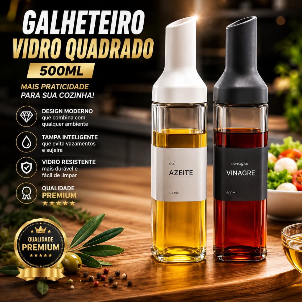 Galheteiro Vidro Quadrado 500ml Porta Temperos Azeite Vinagre Cozinha 1unidade 2 unidades 4unidades