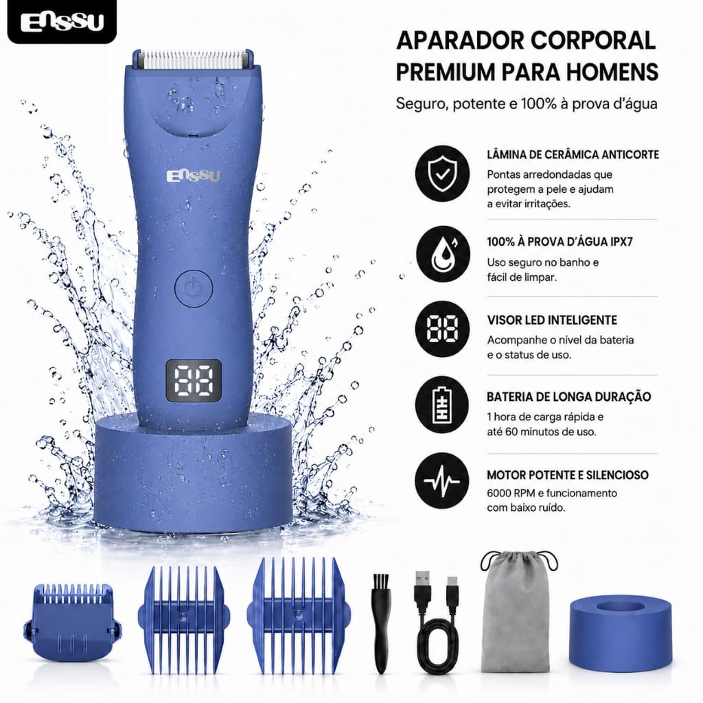 Aparador de Pelos Masculino À Prova D’água Recarregável Sem Fio Para Corpo Barba Íntimo