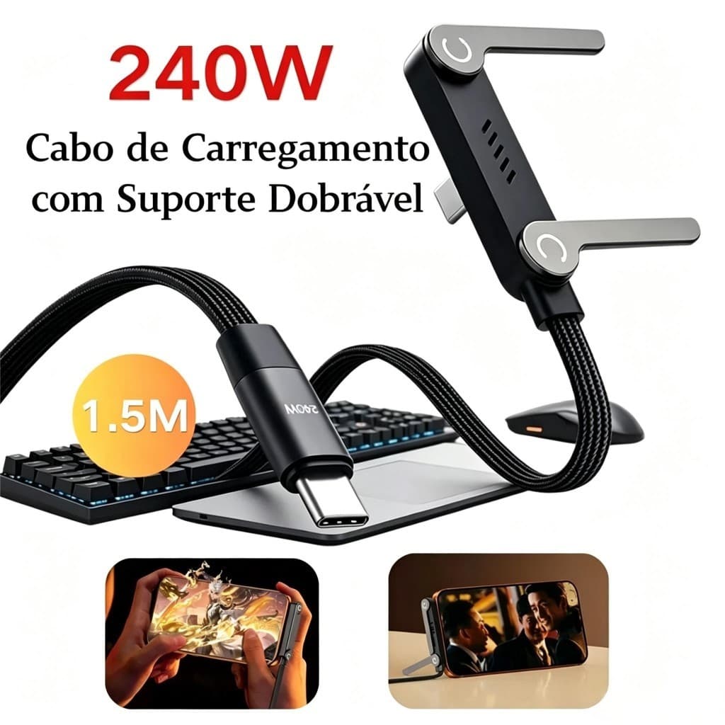 Cabo Type-C 240W Turbo com Suporte Dobrável 2-em-1 Reforçado Trançado 1.5m