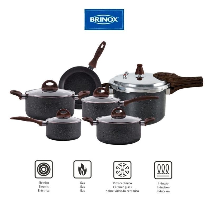Jogo De Panelas De Indução Com Panela De Pressão Ceramic Life Granito 6 Peças - Brinox