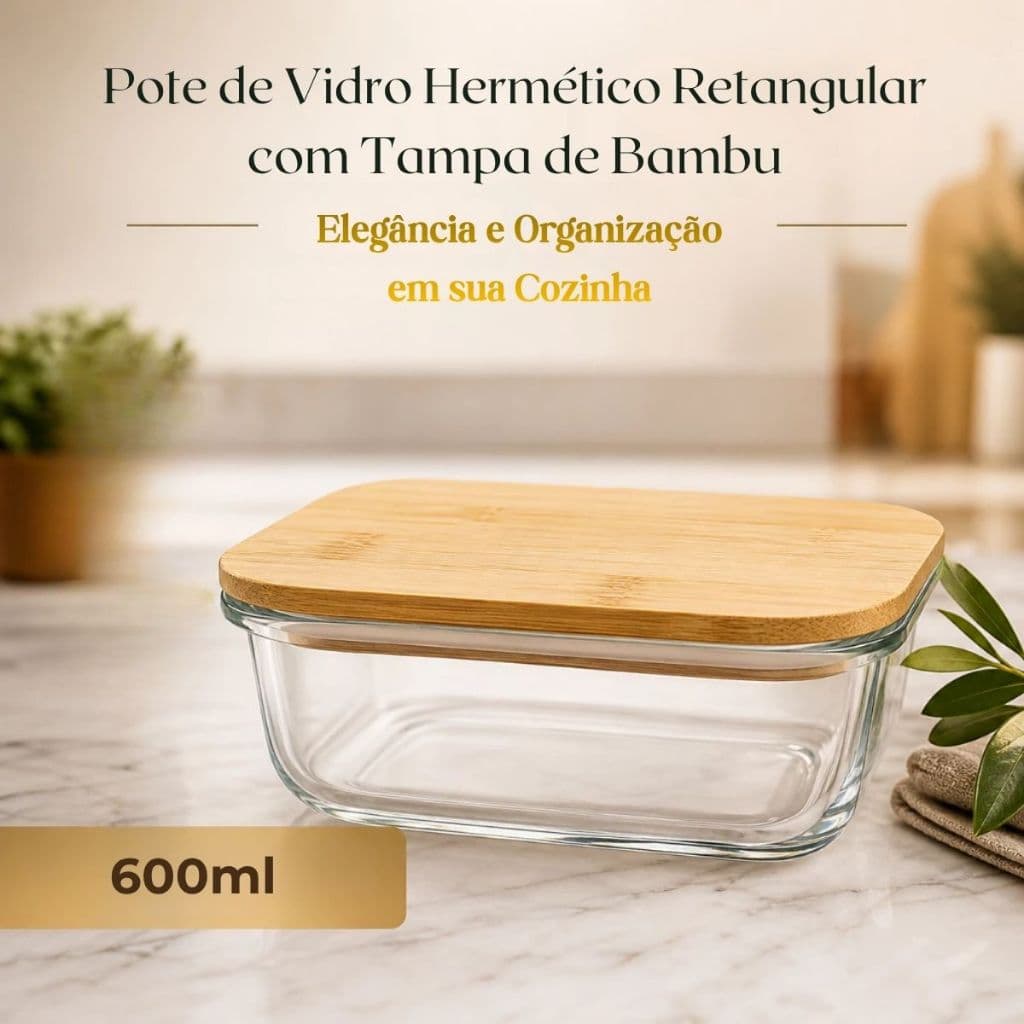 Pote Hermetico Vidro Retangular com Tampa  Bambu Armazena Organiza Cozinha Geladeira Alimentos Marmitas Luxo 600ml
