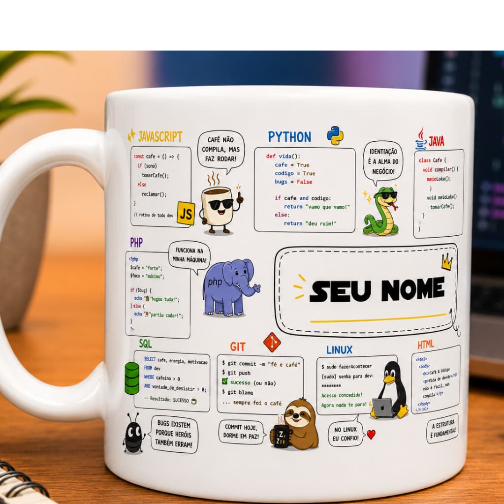 Caneca Programador Personalizada com seu Nome Xicara Code T.I