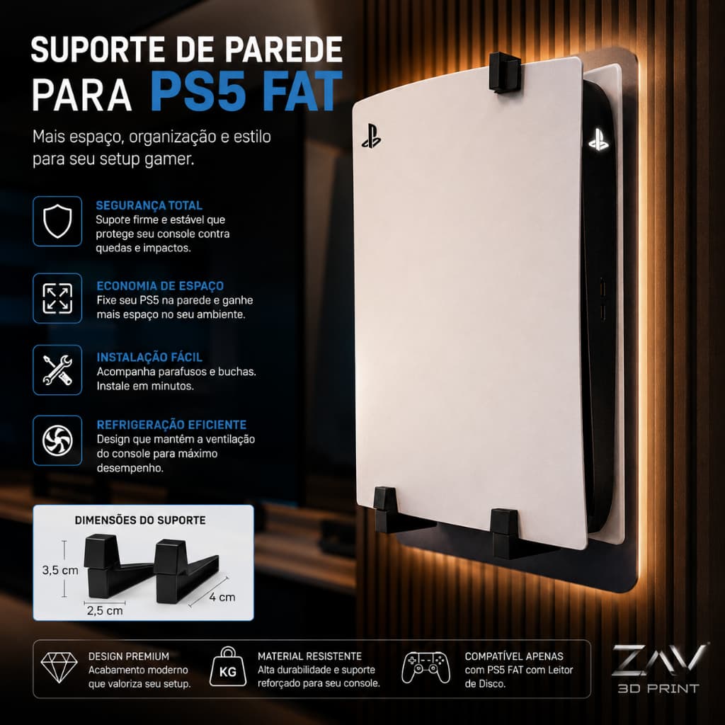 Suporte Vertical de Parede para Playstation 5 FAT com Leitor | Fácil Instalação | Alta Durabilidade