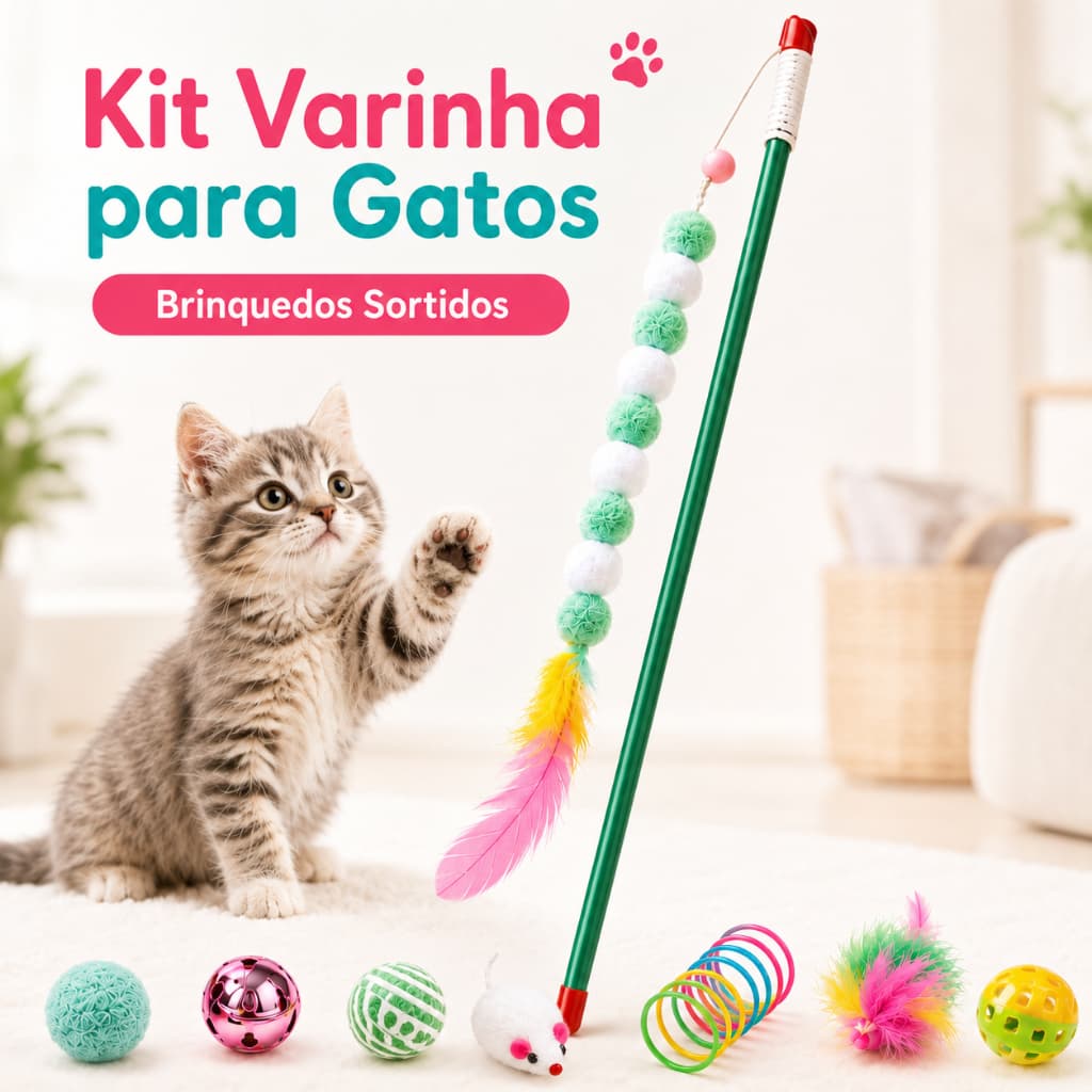 Kit Varinha para Gatos com Pena Bolinhas Molas Ratinho e Brinquedos Sortidos Pet