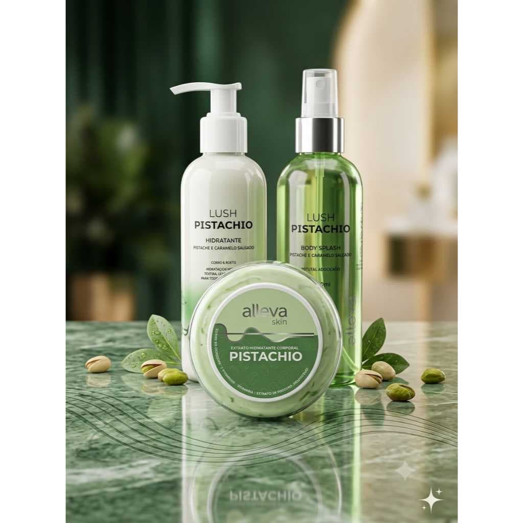 Lush Pistachio Alleva Skin: hidratante corporal, body splash e extração de pistache com fragrância sofisticada