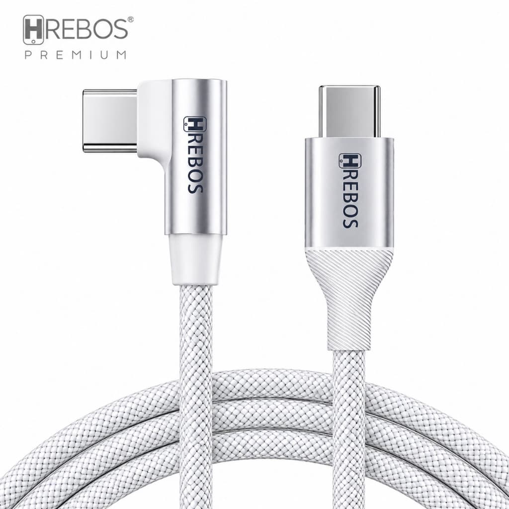 Cabo Carregador Usb C Tipo C 90º L 60W Gamer Trançado 1.8m Branco 3.1A Hrebos