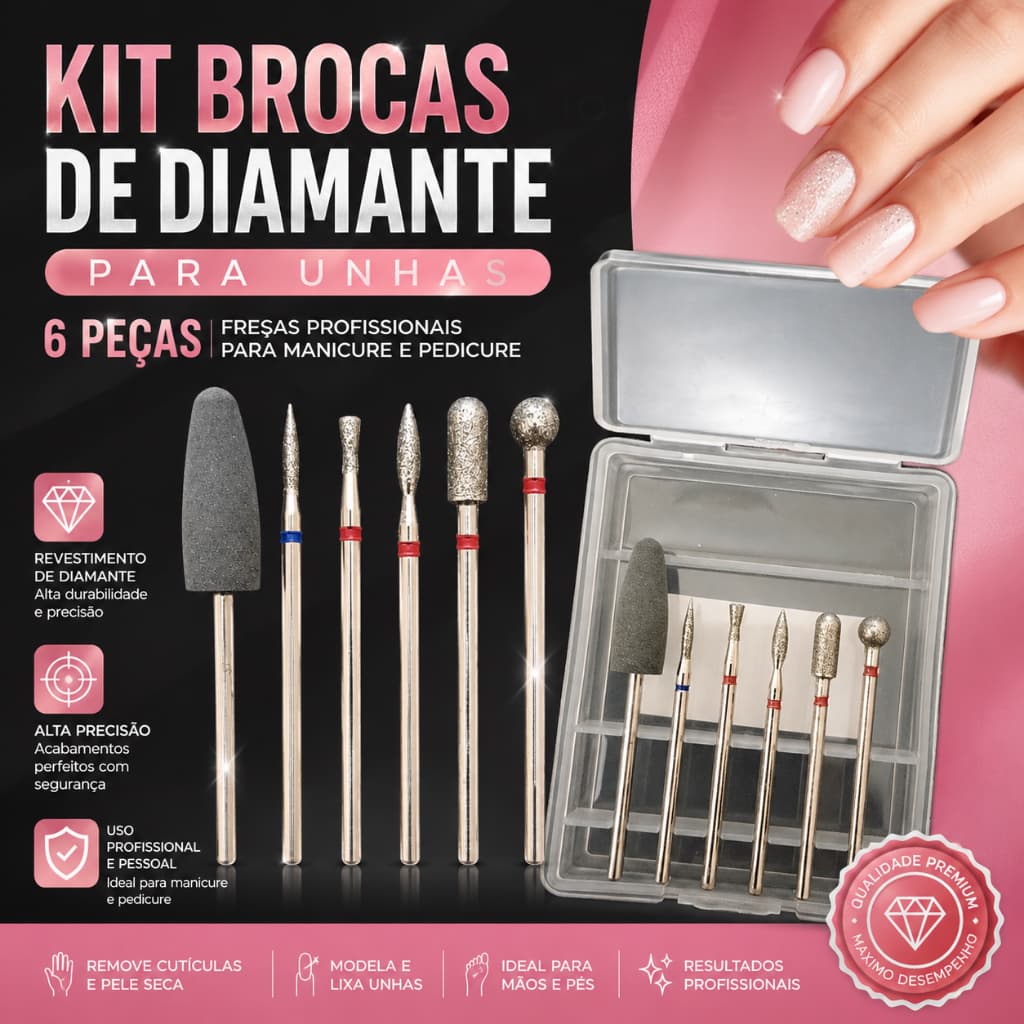 KIT BROCAS DE DIAMANTE PARA UNHAS 6 PEÇAS – FRESAS PROFISSIONAIS PARA MANICURE E PEDICURE