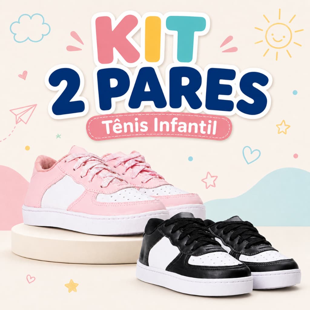 KIT 2 PARES Tênis Infantil Branco Escolar Confortável Leve Macio Meninos e Meninas Ideal Dia a Dia