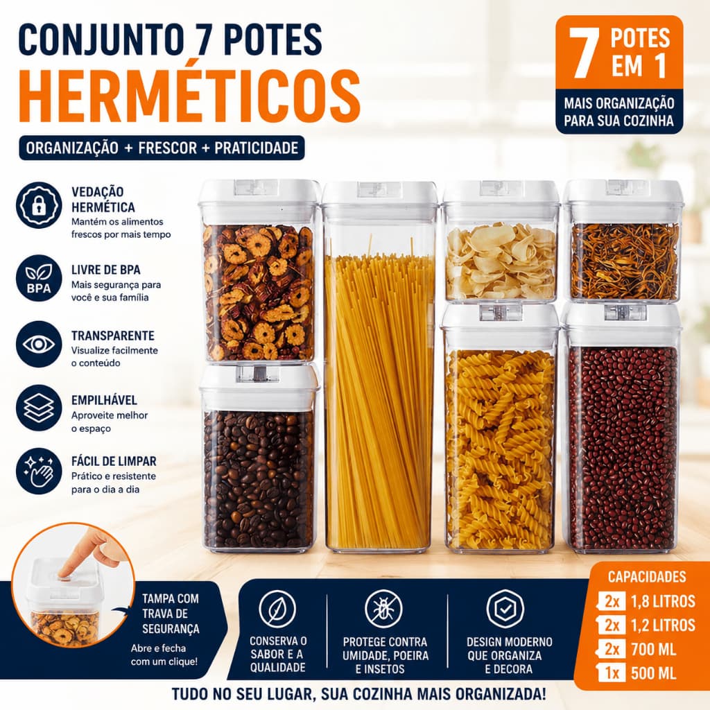 7 Potes Herméticos de Acrílico para Mantimentos  Empilhável para Cozinha e Alimentos Organiza Armário