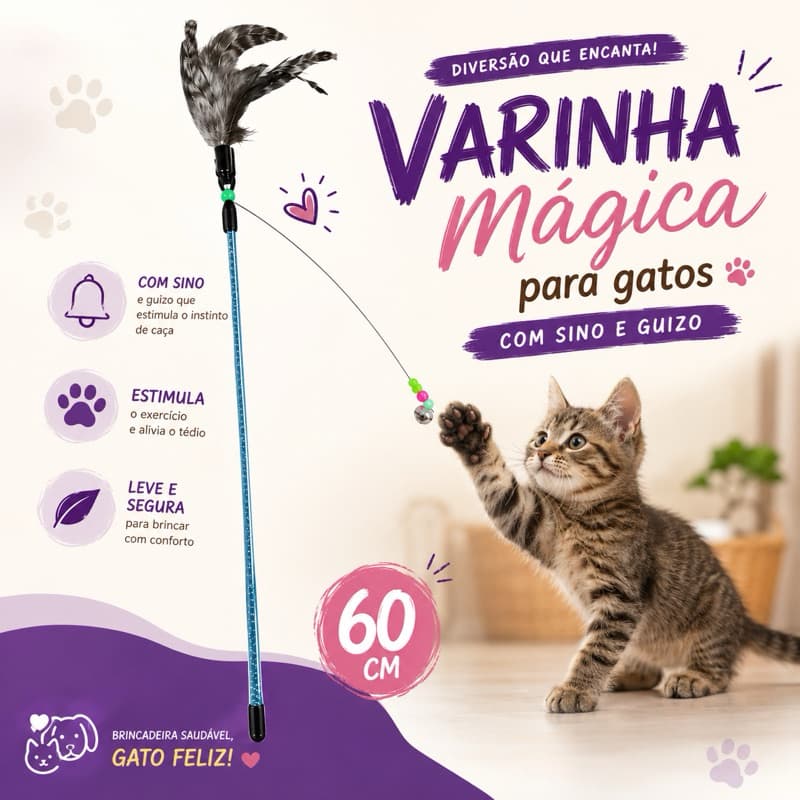 🐱 Varinha Interativa para Gatos com Penas, Guizo e Mola Flexível – 60 cm