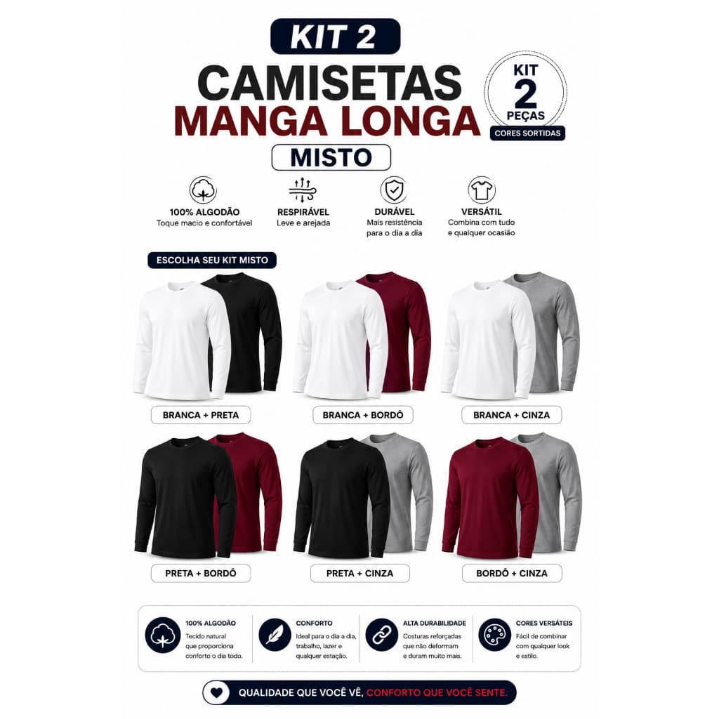 2 Blusa Masculina Manga Longa Ideal Para o Frio Algodão Reforçada Inverno Lisa Camisa Manga Comprida - ENVIO RAPIDO