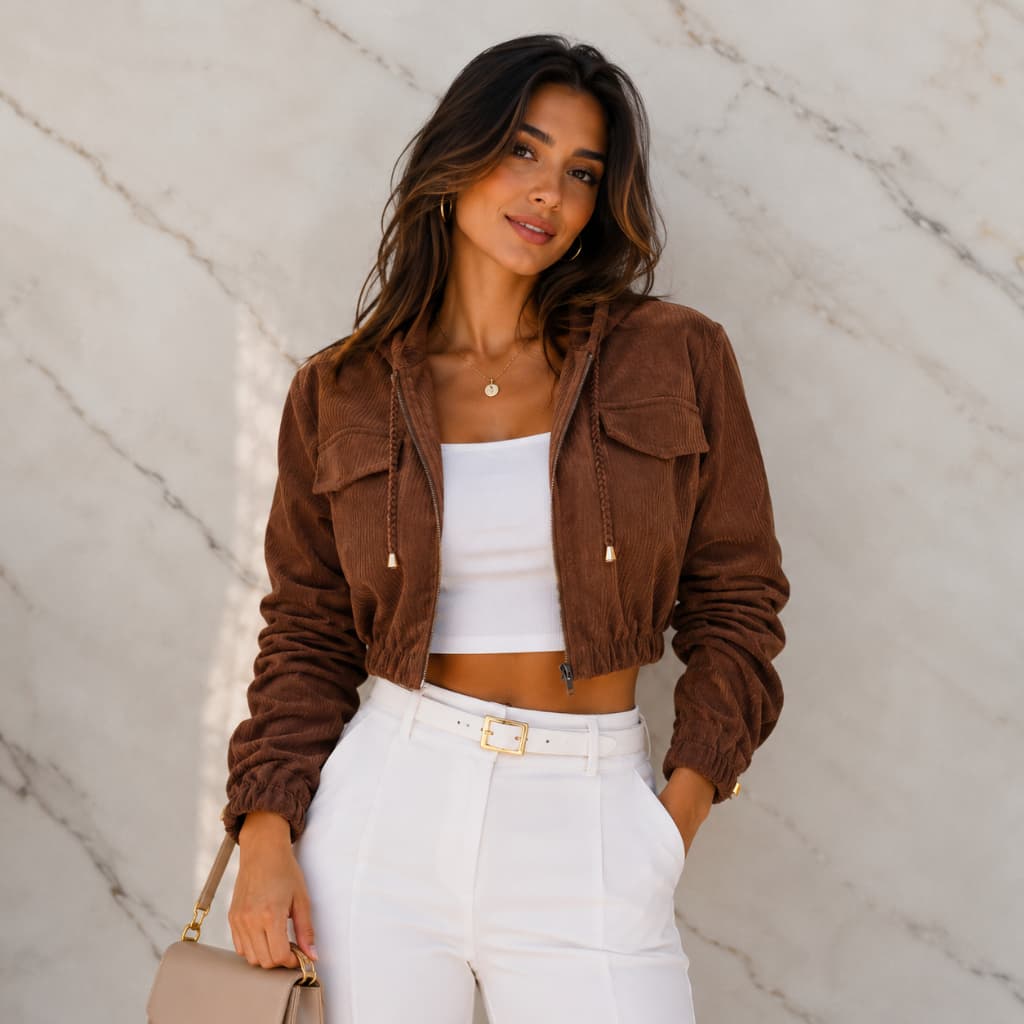 Jaqueta  Feminina Veludo Cotelê Com Capuz Zíper Bolsos Moda Inverno Casual