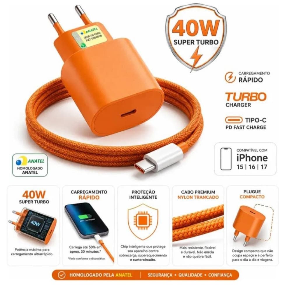 Carregador Turbo iPhone 40W Fonte e Cabo Tipo C Tipo C iPhone 15 16 17 17 Pro Max