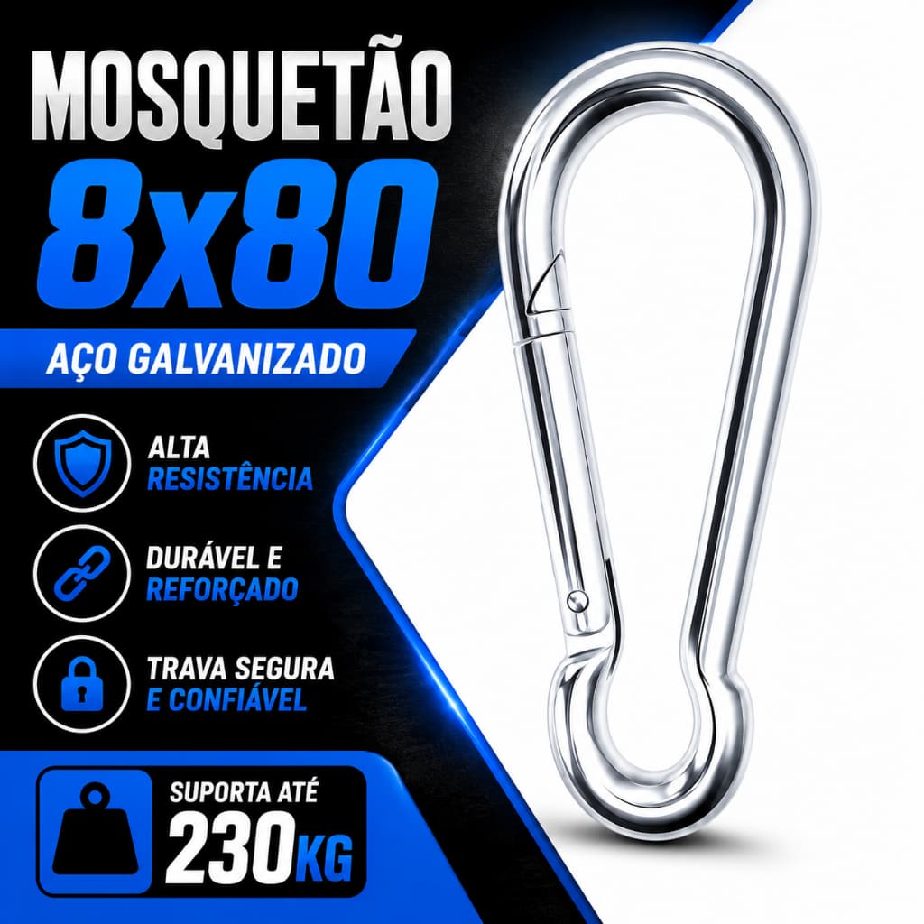 Mosquetão 8x80 Academia Musculação Suporte Gancho Aço Carbono Trava Simples 230kg Fitness Treino