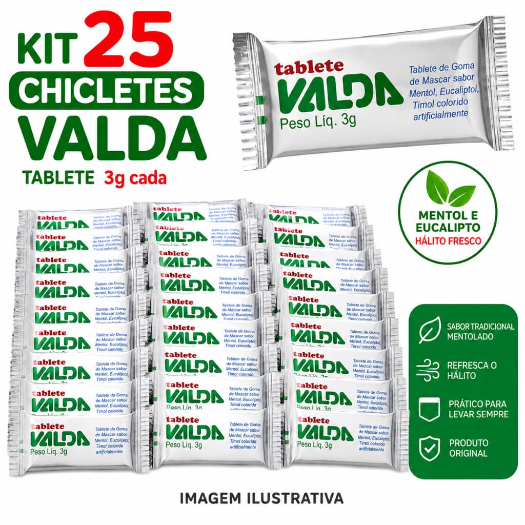 Kit 25 Chicletes Valda Tablete 4g Original Goma De Mascar Mentol Eucalipto Hálito Fresco