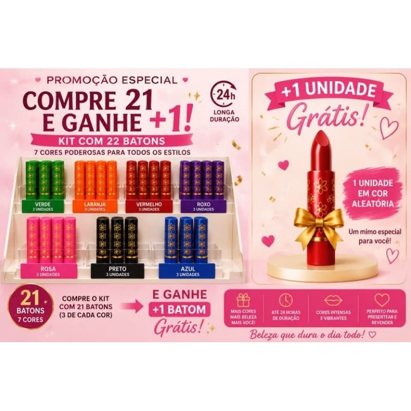 Kit 22 Batons 24 Horas Moda de Cor 7 Cores Sortidas Longa Duração +1 Grátis