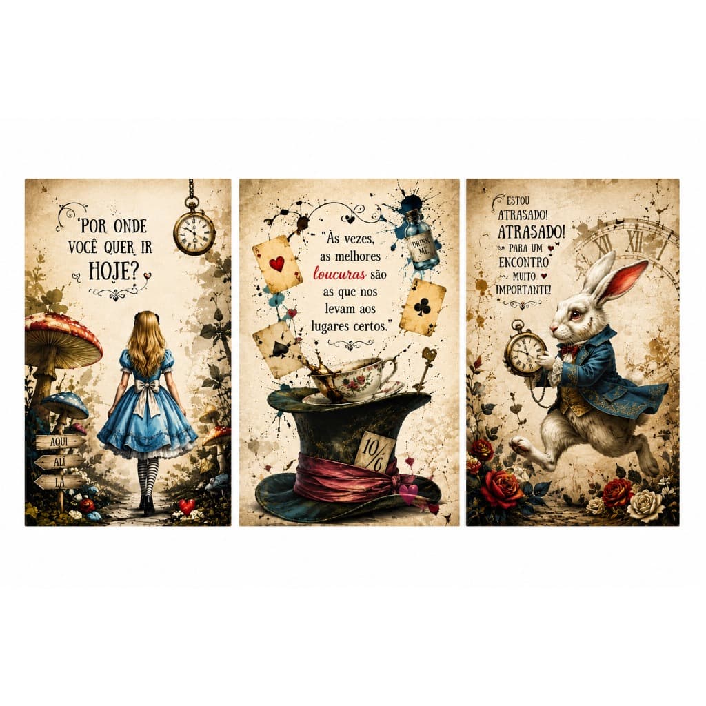 Kit 3 Quadros Decorativos Alice no País das Maravilhas Coelho Branco Vintage MDF Sem Moldura