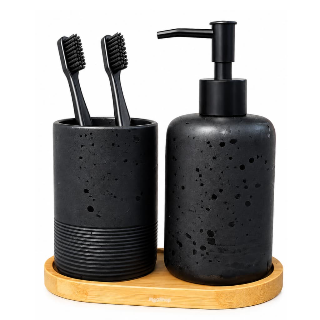 Kit Banheiro Luxo Preto Fosco Bambu Dispenser + Porta Escova Moderno