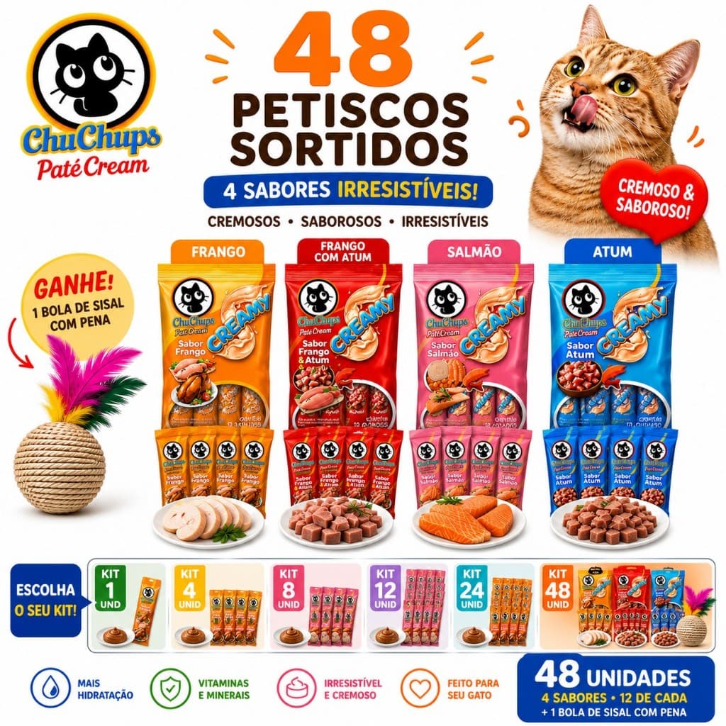 Petisco Para Gatos ChuChups Cream Pote Sortido com 48 Tubos de 15g Lançamento Tipo Churu e Truly
