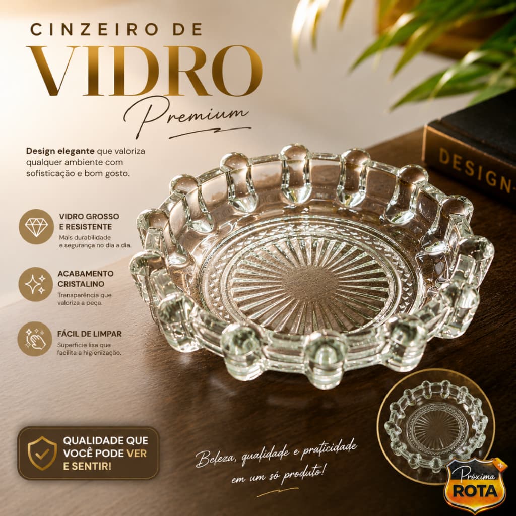 Cinzeiro de Vidro Grosso Premium Redondo Cristal Transparente Luxo Resistente Decorativo Mesa