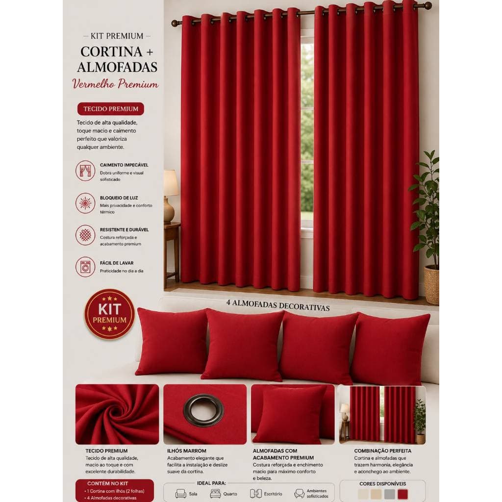 Kit Cortina Premiun 3,00 x 2,40 m + 4 Capas de Almofadas 45x45 cm / Tecido 100% Poliester com ilhos