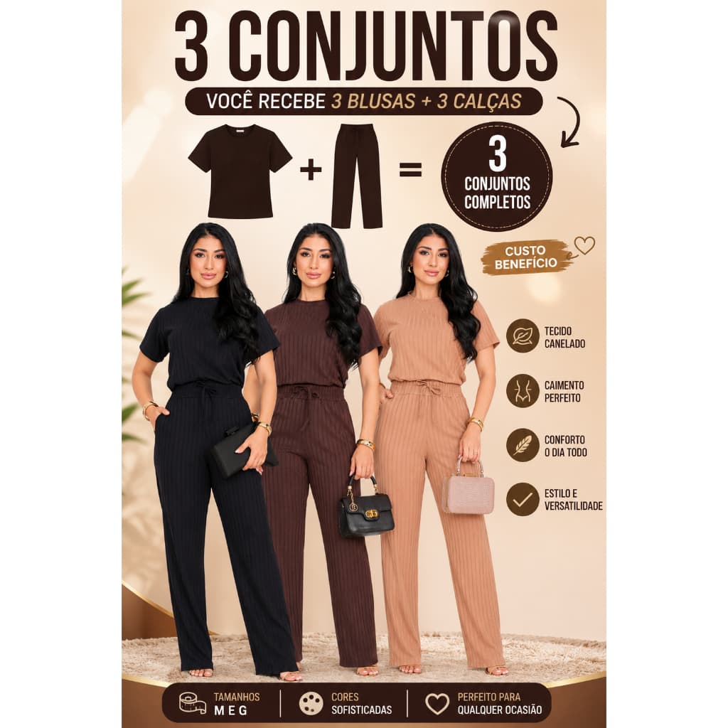 Kit Conjunto Femnino 6 Peças - Blusa e Calça Canelado Social Confortavel Bascia Lisa