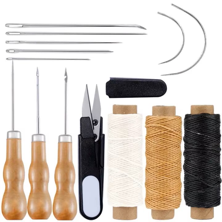 Kit Artesanato Costura, Couro, Marcador, Furador, Linhas, Agulhas