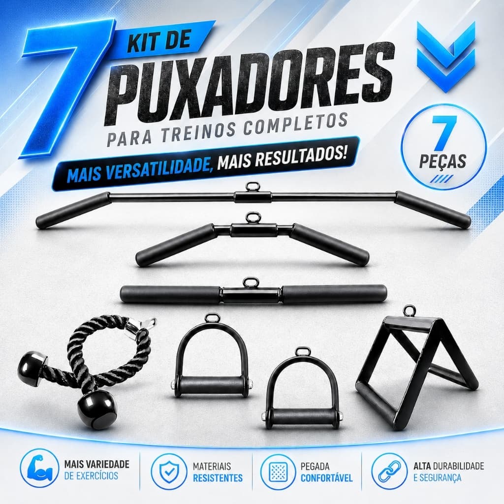 Kit 7 Puxadores Pulley Reto Curvo Costas Corda Tríceps Triangulo Estribos Musculação Academia Barras