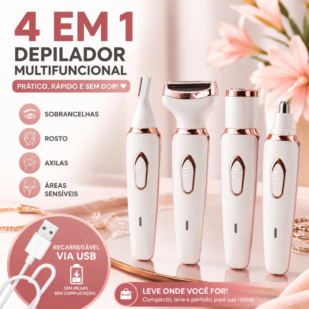 Depilador Elétrico Feminino Aparador 4 em 1 USB Recarregável para Rosto Corpo Axilas
