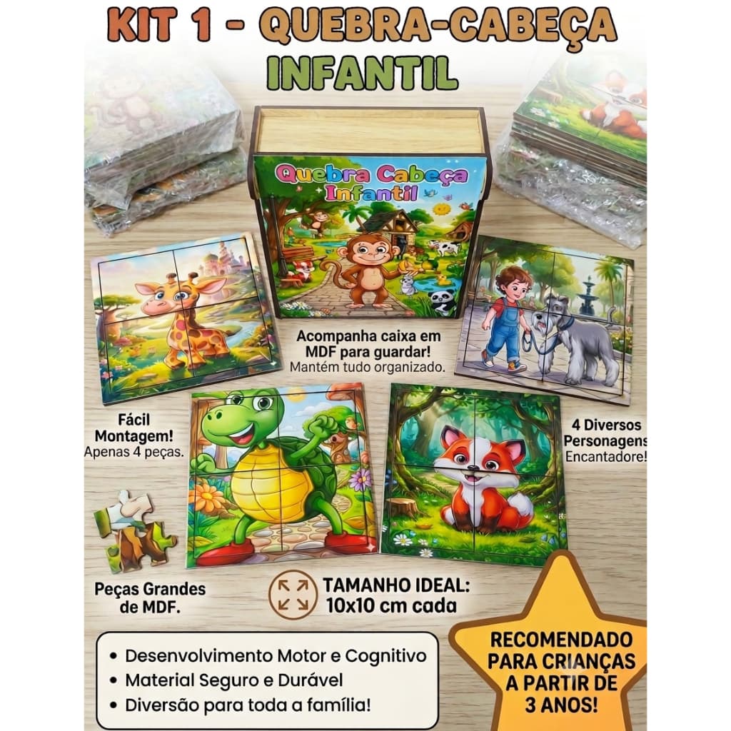 Kit 1 Quebra-Cabeça Infantil Em MDF 4 Unidades 4 Peças Cada Com Caixa Organizada Brinquedo Educativo Didático Menino Men