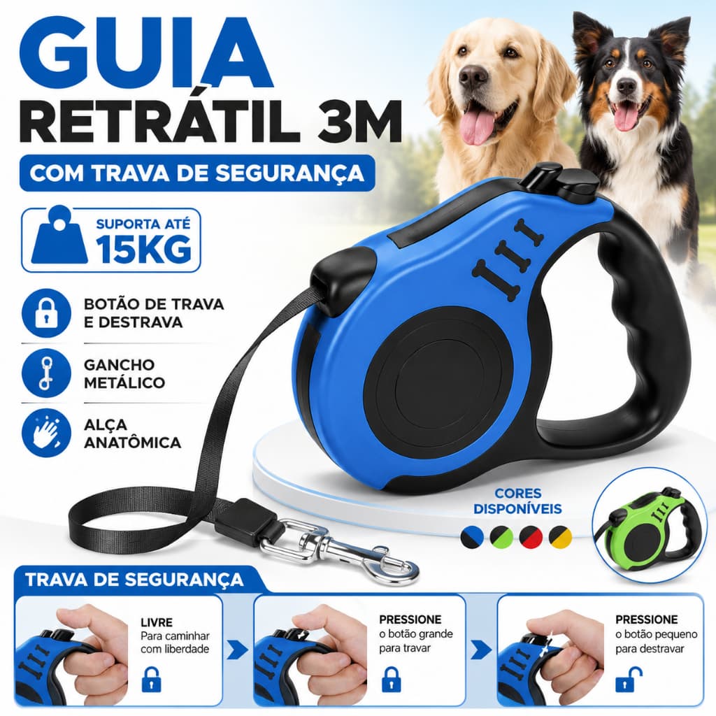 Guia Retrátil 3m para Cachorro e Gato até 15kg Coleira Automática Resistente Trava Segura