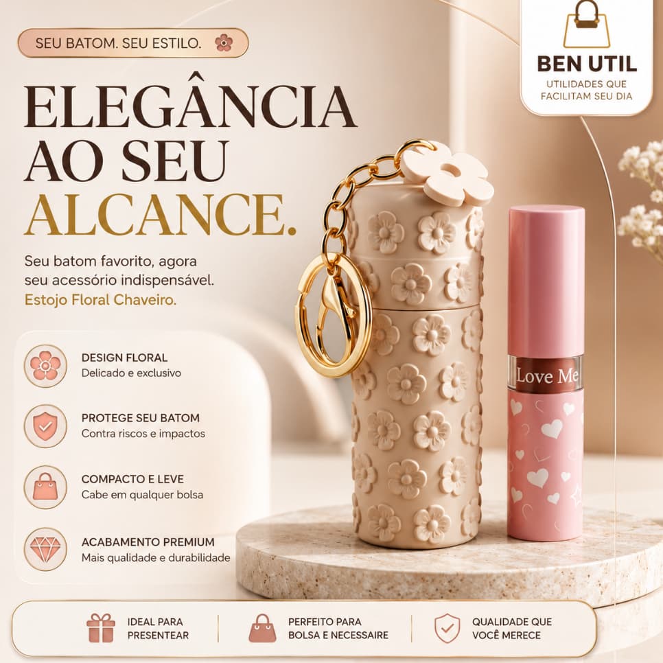 Porta Batom Chaveiro Feminino Floral Premium Organizador Compacto para Bolsa Necessaire com Pingente