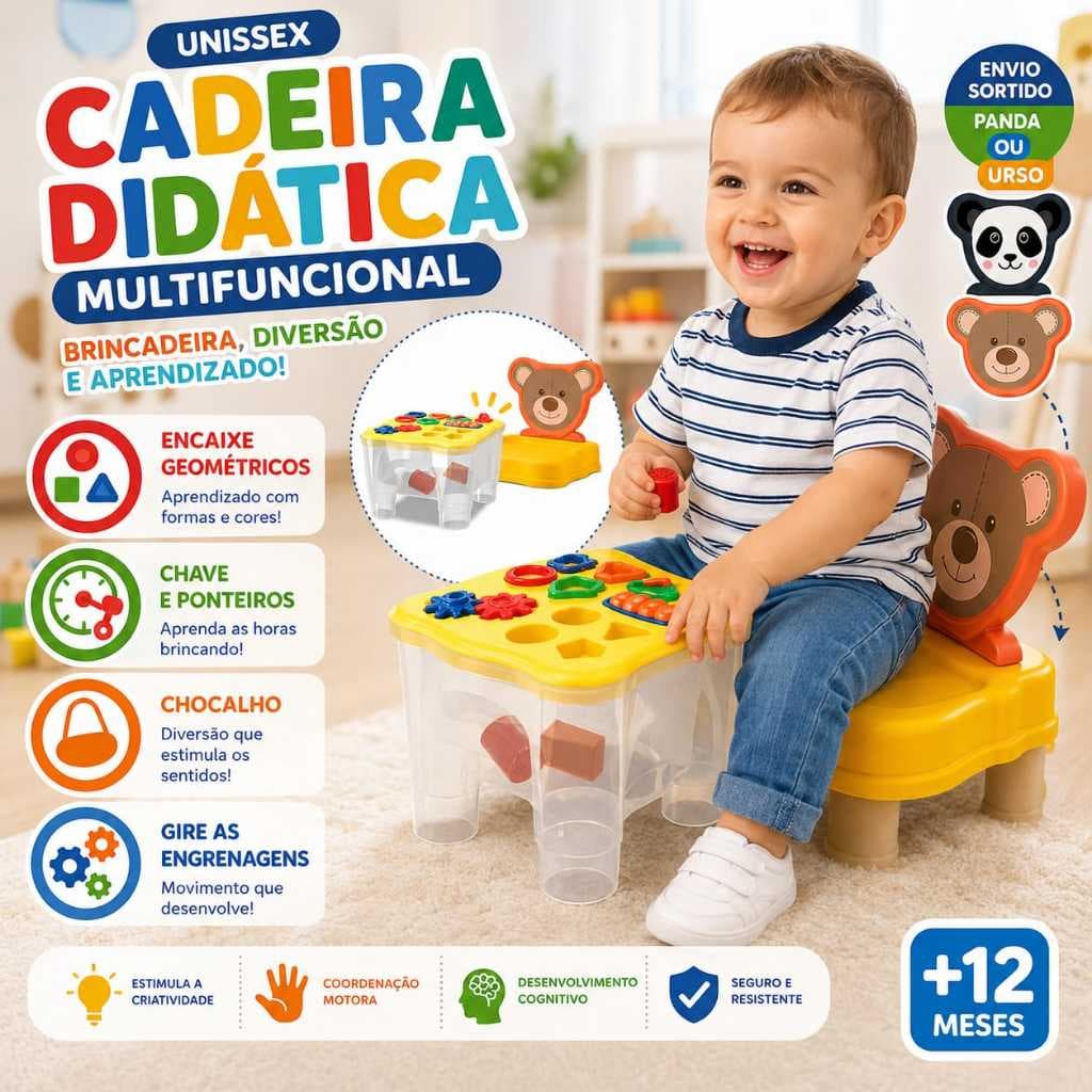 Cadeira Didática Infantil Multifuncional Educativa Encaixe Geométrico Chocalho Engrenagens PandaUrso