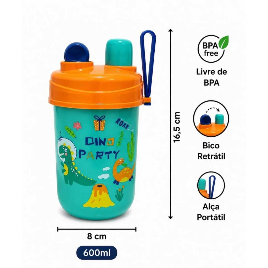 Garrafa Dinossauro Copo De Transição Infantil Bebê 600ml Com Canudo E Bico Tampa  E Alça Menino Agua Suco Escola