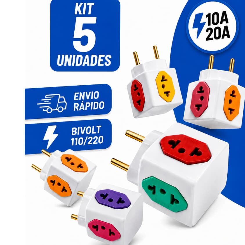 Kit 5 Adaptador Tomada Benjamin Cubo 4 Tomadas 10A/20A Bivolt Universal Pino Maciço Padrão Brasileiro