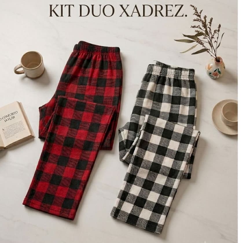 KIT 02 CALÇAS XADREZ FEMININO POLIÉSTER ( VERMELHO E PRETO E BRANCO )