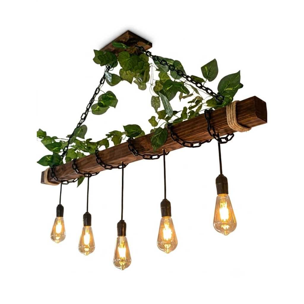 Lustre Luminária Rústico Grande 120cm RAFTER - Madeira Maciça e Corrente Estilo Industrial Boho