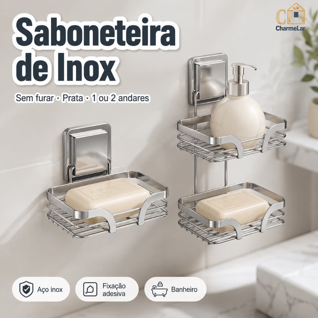 Saboneteira de Inox Adesiva Sem Furo Prata para Banheiro 1 ou 2 Andares