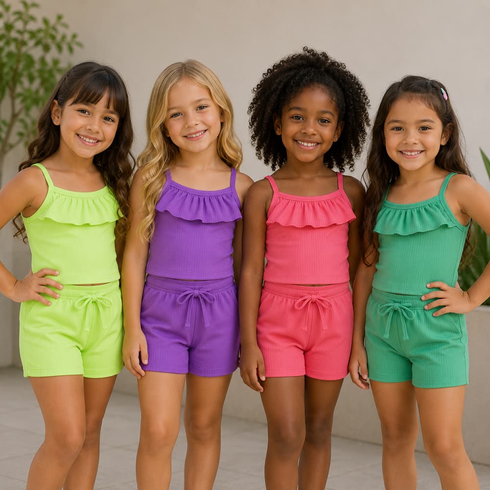 Conjunto Infantil Menina do Tamanho 1 ao 10 anos|  Regata + Shorts Neon Canelado Roupa bebê Confortável
