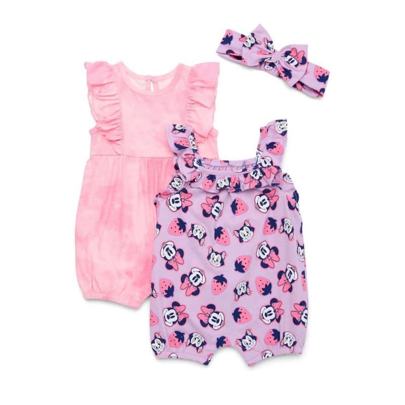 Kit 2 Rompers Bebê Minnie Mouse + Tiara Disney Baby Menina Algodão Confortável
