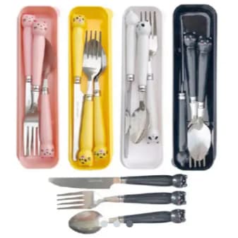 Talher Infantil Animais Fofos | Kit com 4 Peças Em Aço Inox | Colher + Garfo + Faca + Estojo | Gatinho, Gatinha, Panda
