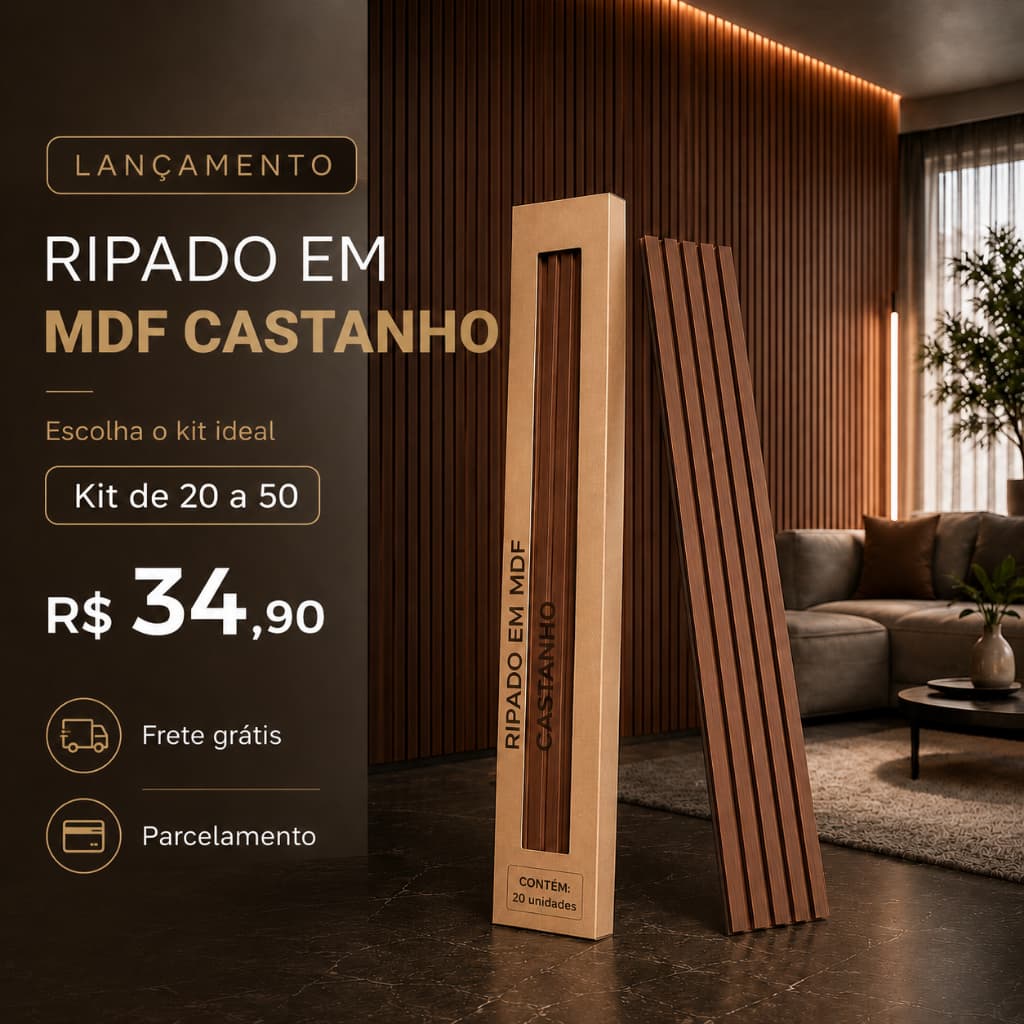 Painel Ripado MDF Autocolante 90x11cm Kit 20 a 50 Unidades Revestimento Parede Sala Quarto