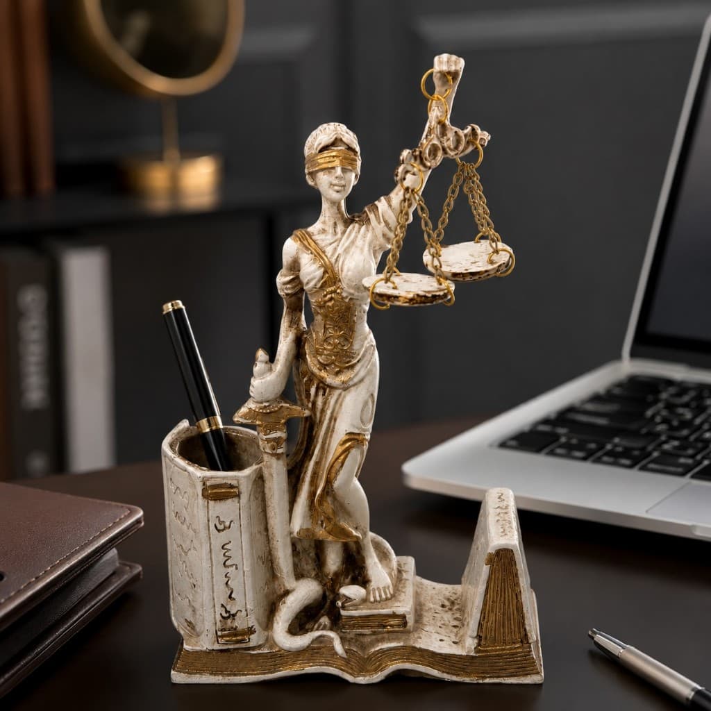 Escultura Deusa da Justiça Themis Porta Caneta Organizador de Mesa em Resina