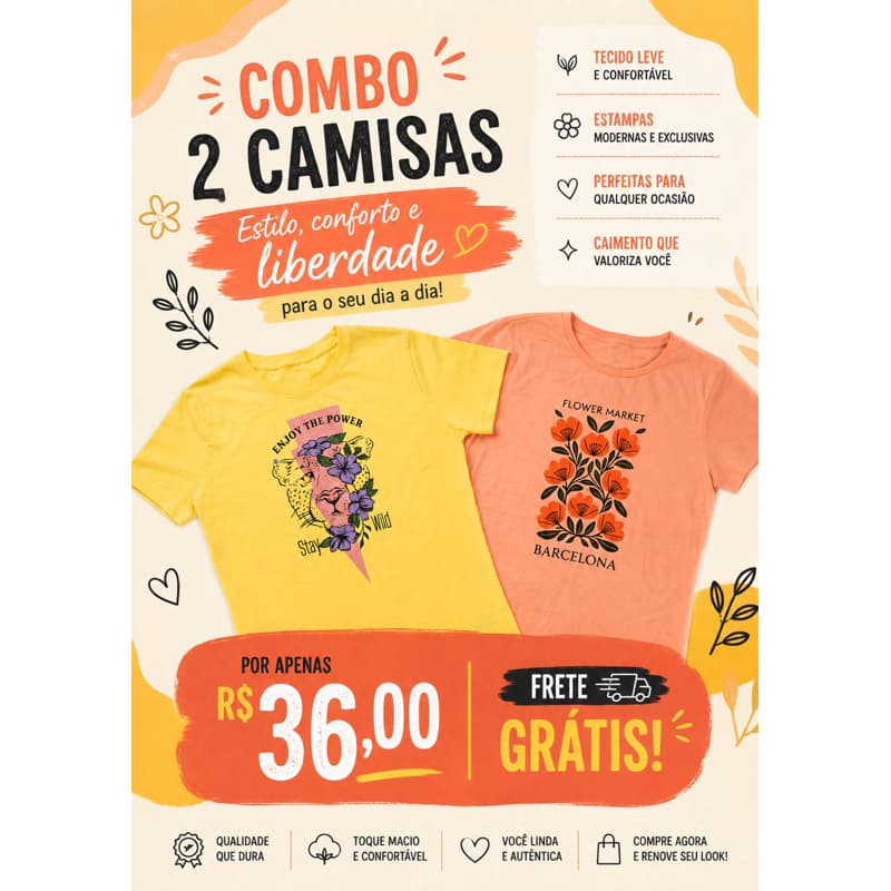 Promoção! Kit 2 Blusas 100% Algodão + Frete Grátis