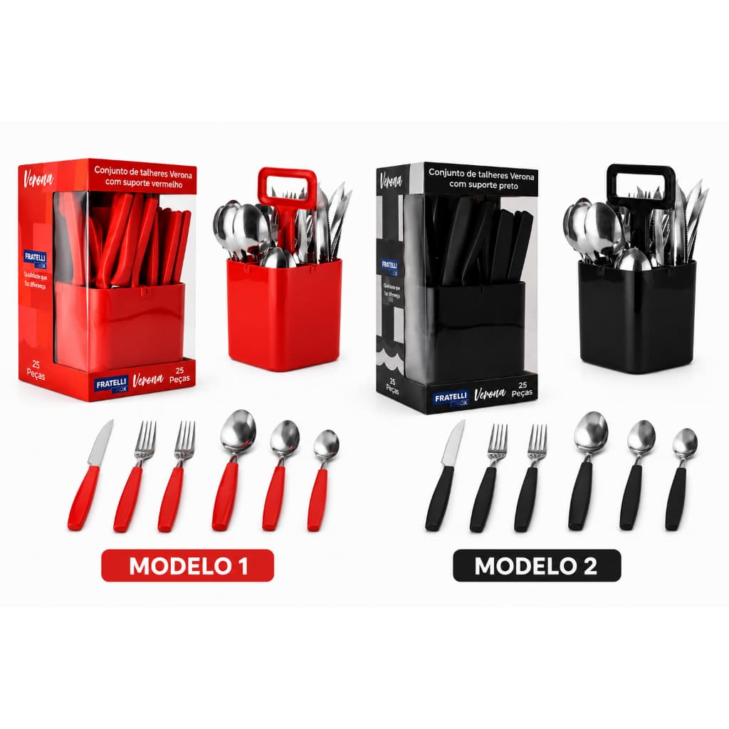 Conjunto kit Talheres Talher Garfo Faca Colher 25 Peças com Porta Talheres Suporte para Talher inox Preto e Vermelho