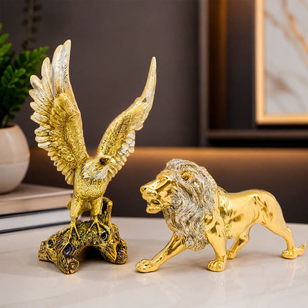 Kit Escultura Águia + Leão Enfeite Resina Rack Mesa Sala Nicho Escritório Decoração