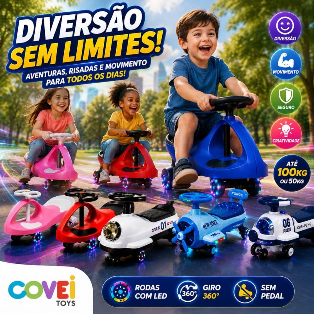 Carrinho Rolimã Super Car Gira 360° Passeio Infantil Com Led Suporta e Musica 100kg Menino Menina